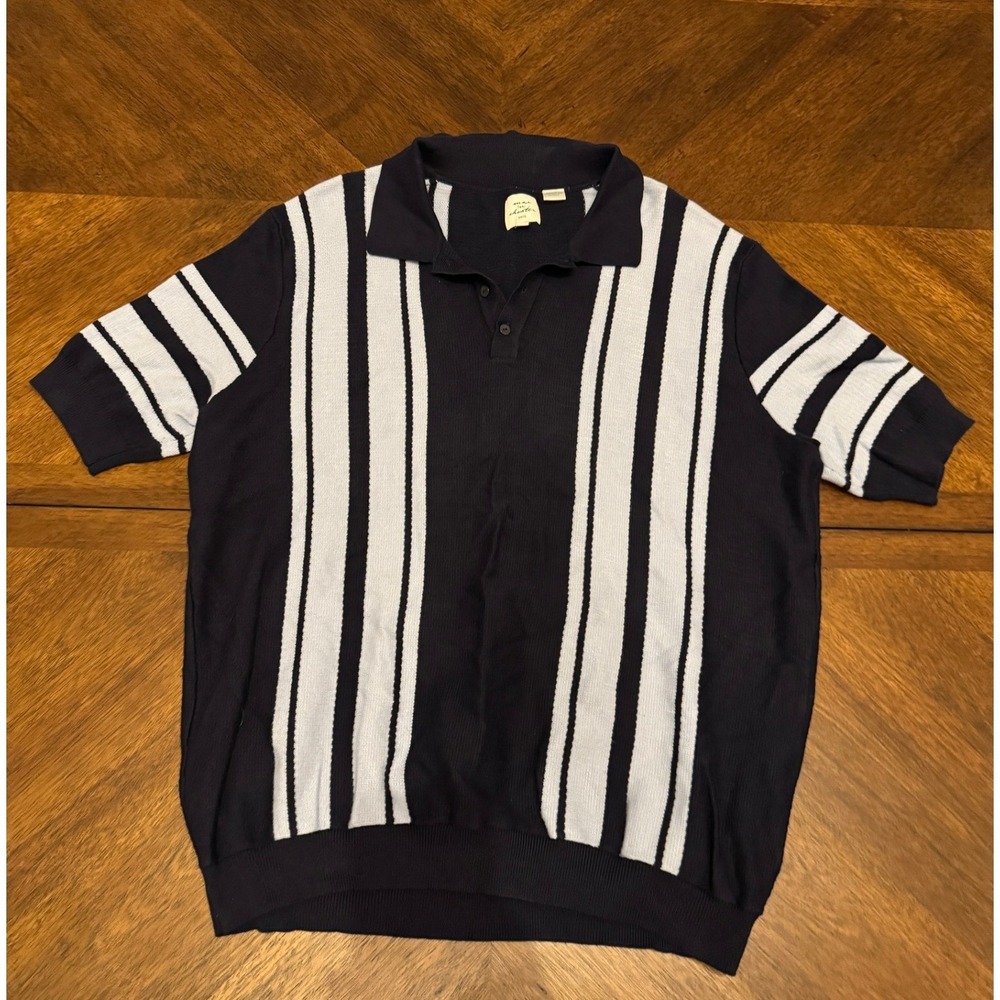 Max 'n Chester Knits Mens Navy Blue White Vertical Stripe Polo Sweater Large